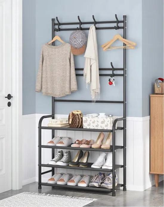 Borvat® Borvat® | Staande Design Garderoberek Kapstok Rek Met Schoenenrek 14 Kleding Haken Hangers - Klerenhanger Hangrek - Garment Racks Wonen & Interieur