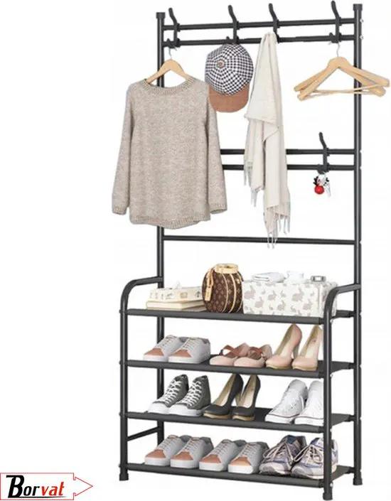 Borvat® Borvat® | Staande Design Garderoberek Kapstok Rek Met Schoenenrek 14 Kleding Haken Hangers - Klerenhanger Hangrek - Garment Racks Wonen & Interieur