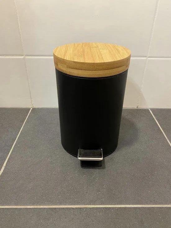 Borvat® Borvat® | Stijlvolle prullenbak met bamboe deksel | Zwart / hout | Klein formaat | 3L | badkamer / wc / keuken / kantoor prullenbak -