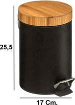 Borvat® Borvat® | Stijlvolle prullenbak met bamboe deksel | Zwart / hout | Klein formaat | 3L | badkamer / wc / keuken / kantoor prullenbak -