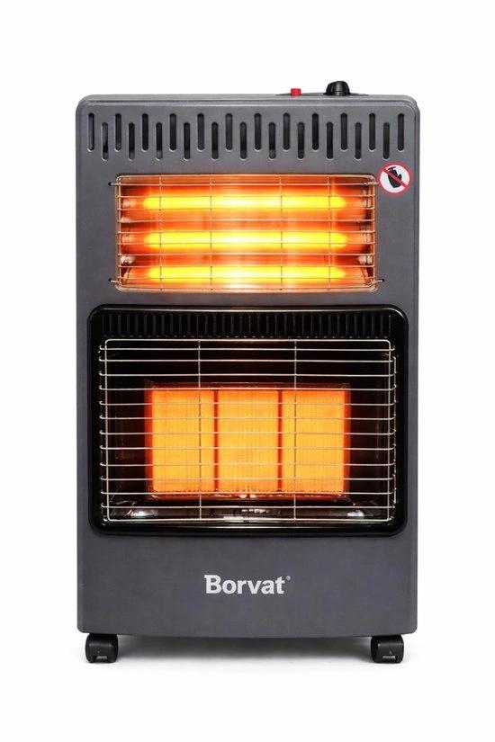 borva Soroh® – Gaskachel – Gas- en elektrische kachel – Opvouwbare heater – Infrarood kachel – Inclusief Gasslang & Gasdrukregelaar – Krachtige en Veilige Gas Heater voor Binnen – Met Wieltjes en Omvalbeveiliging – 4200 W – Grijs -