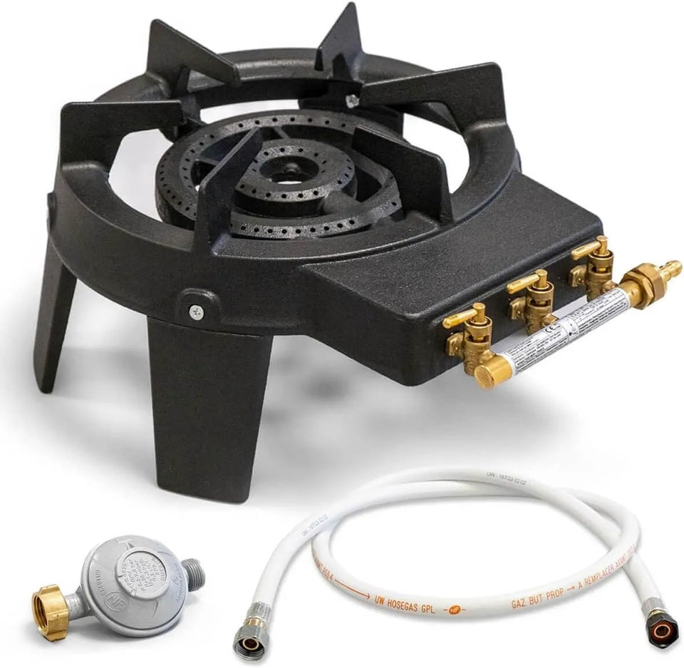 Borvat® Borvat® | Gas cooker made of real cast iron, 9.8 kW, 4 feet, 3 taps + gas hose for screwing 1.5 m + pressure regulator butane. - Portable Cooking Stoves Keuken & Koken