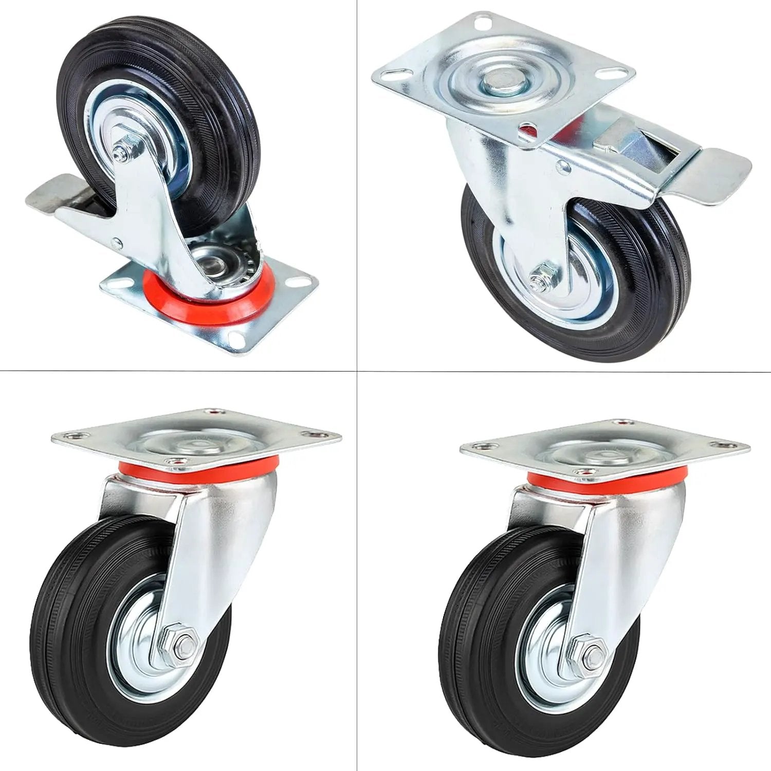 WielenWarenhuis Heavy Duty Wheels 75 mm with Brake, 4 Pieces Transport Casters, Casters up to 200 kg, Rubber Furniture Casters, 360 Degree Rotatable, Industrial Casters, Heavy Load, Wheels for Furniture (2 - Casters