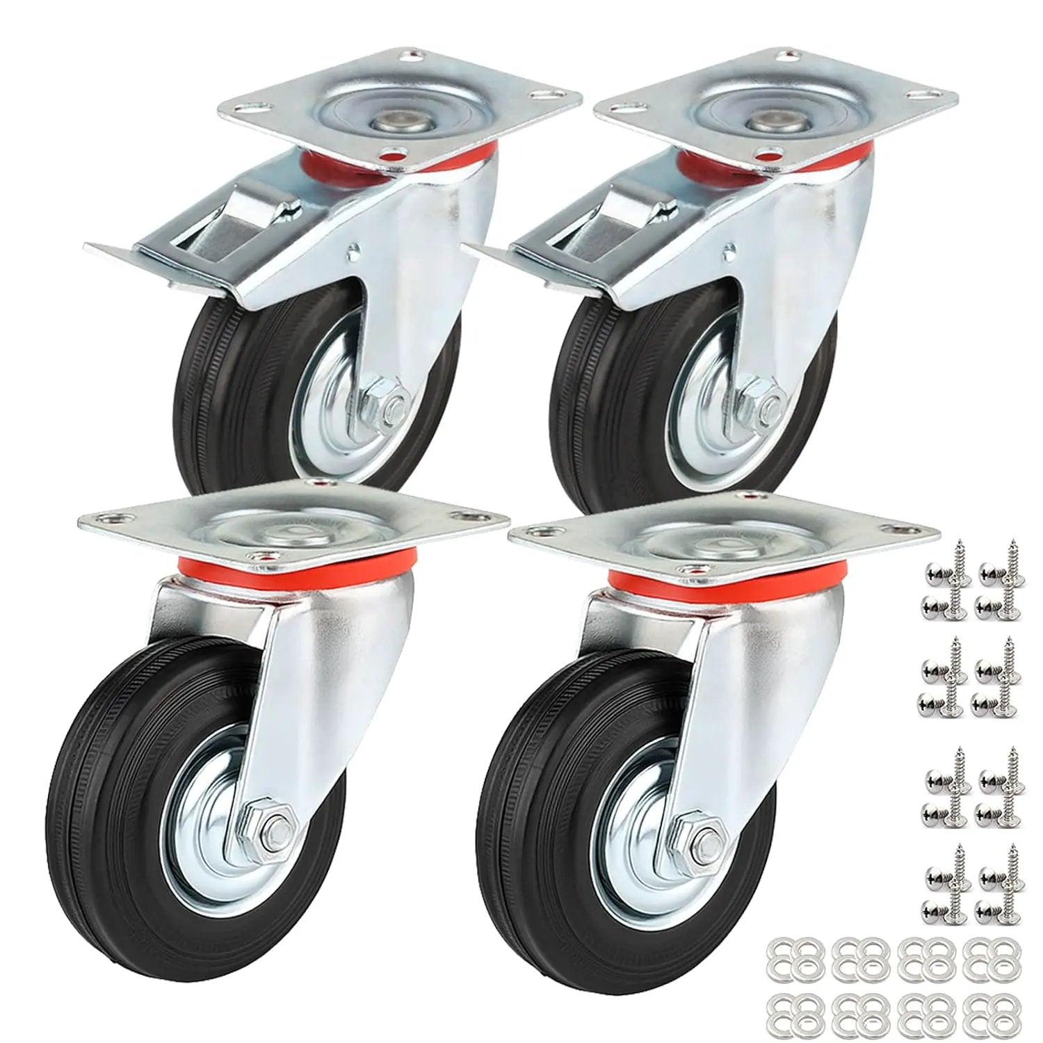 WielenWarenhuis Heavy Duty Wheels 75 mm with Brake, 4 Pieces Transport Casters, Casters up to 200 kg, Rubber Furniture Casters, 360 Degree Rotatable, Industrial Casters, Heavy Load, Wheels for Furniture (2 - Casters