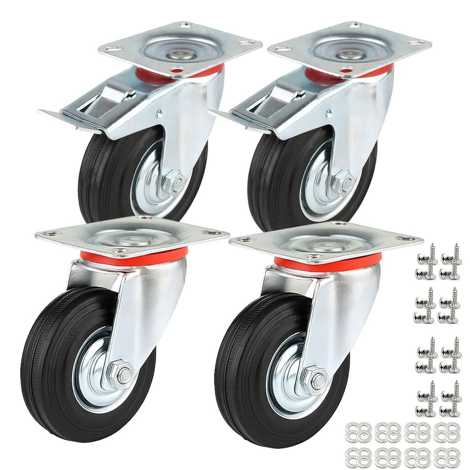 WielenWarenhuis Heavy Duty Wheels 75 mm with Brake, 4 Pieces Transport Casters, Casters up to 200 kg, Rubber Furniture Casters, 360 Degree Rotatable, Industrial Casters, Heavy Load, Wheels for Furniture (2 - Casters