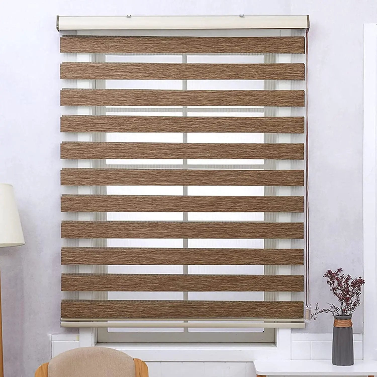 Merkloos Duo Rolgordijn Houtlook Bruin Verduisterend Lichtdoorlatend Met Ketting 210x120 cm - Shades Wonen & Interieur