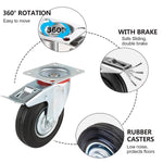 WielenWarenhuis Heavy Duty Wheels 75 mm with Brake, 4 Pieces Transport Casters, Casters up to 200 kg, Rubber Furniture Casters, 360 Degree Rotatable, Industrial Casters, Heavy Load, Wheels for Furniture (2 - Casters