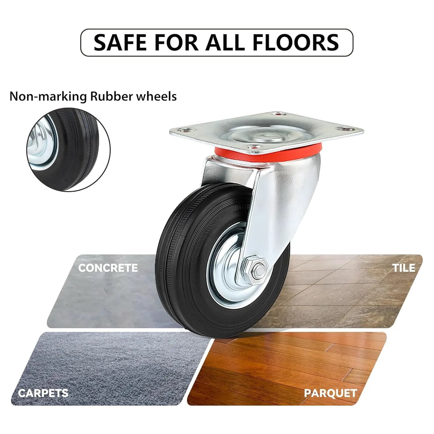 WielenWarenhuis Heavy Duty Wheels 75 mm with Brake, 4 Pieces Transport Casters, Casters up to 200 kg, Rubber Furniture Casters, 360 Degree Rotatable, Industrial Casters, Heavy Load, Wheels for Furniture (2 - Casters
